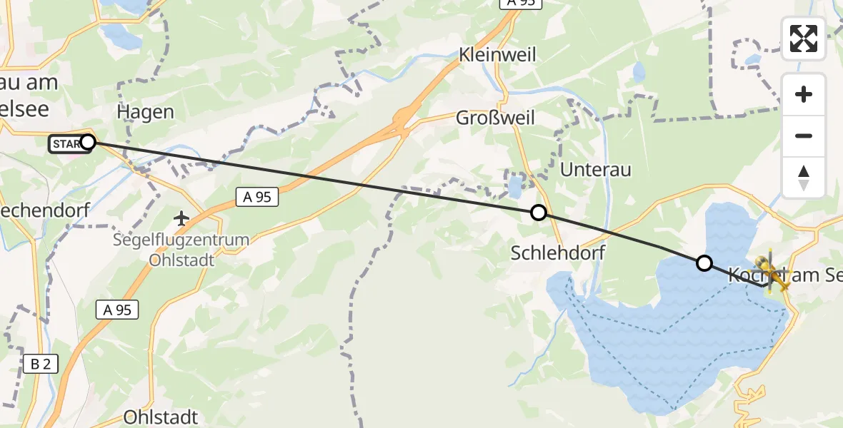 Flugroute Rettungshubschrauber Murnau Accident Hospital - Kochel a.See, 25 April 2026, 13:30