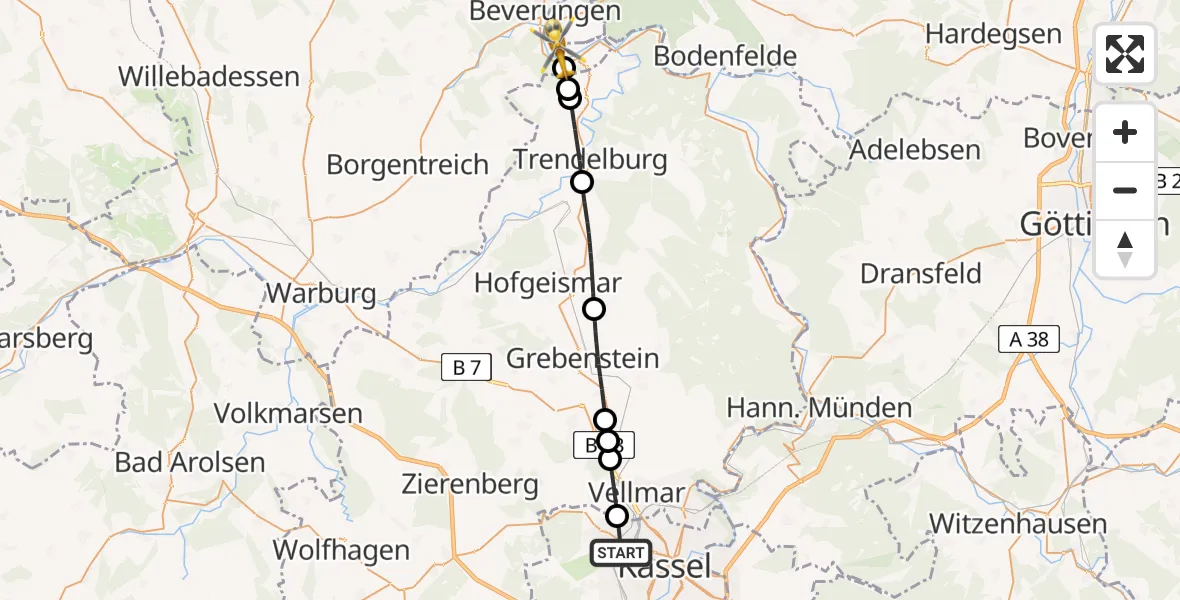 Flugroute Rettungshubschrauber Kassel - Beverungen, 25 April 2026, 13:33