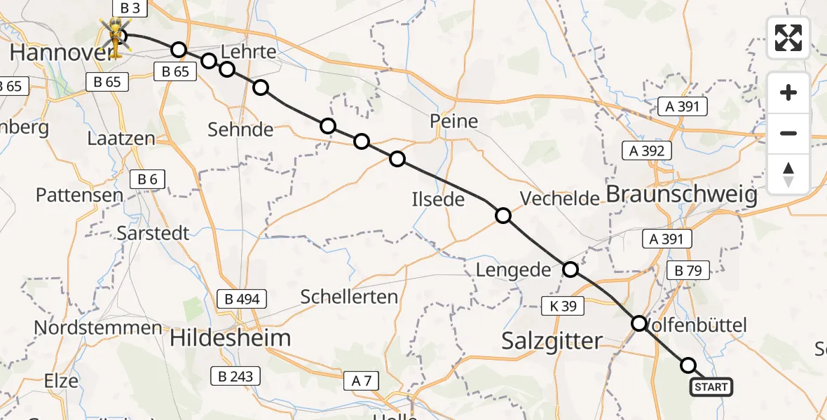 Flugroute Rettungshubschrauber Ohrum - Hannover Luftrettung Hubschrauberlandeplatz (Christoph 4), 25 April 2026, 13:37