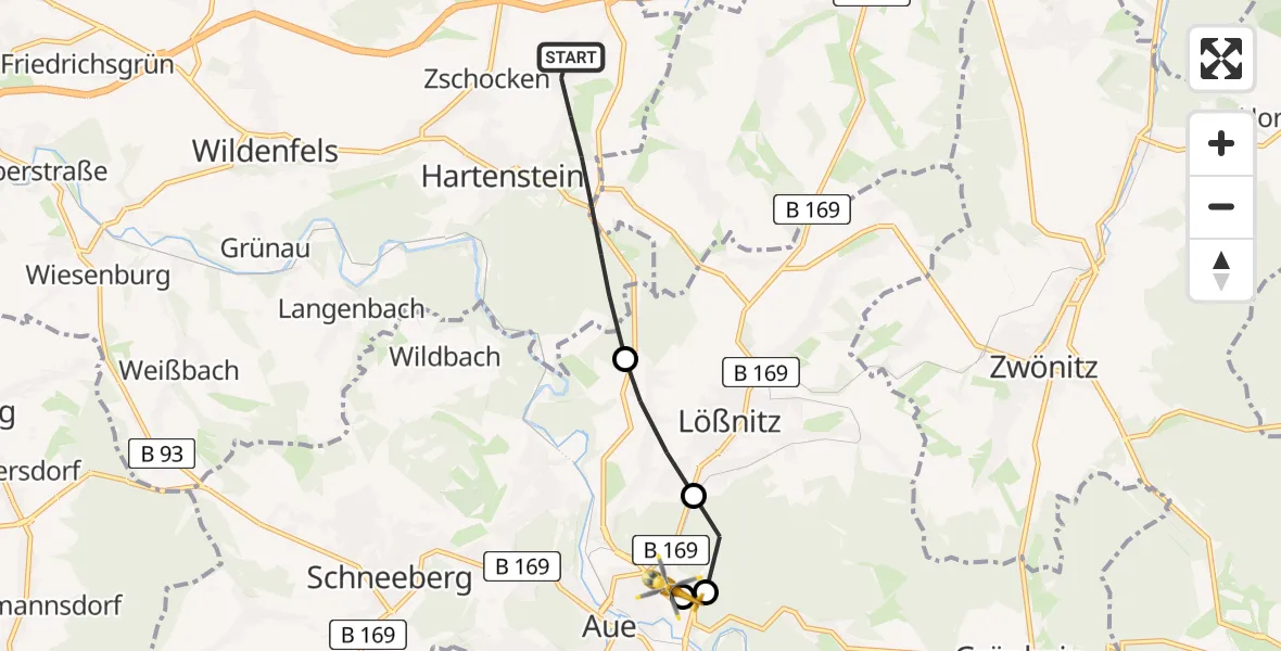 Flugroute Rettungshubschrauber Hartenstein - Helios Clinic Aue, 25 April 2026, 13:40