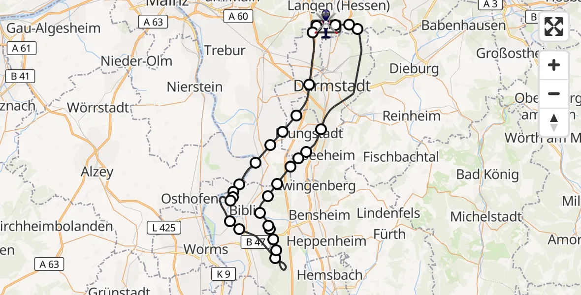 Flugroute Polizeihubschrauber Flughafen Frankfurt-Egelsbach - Flughafen Frankfurt-Egelsbach, 25 April 2026, 13:40