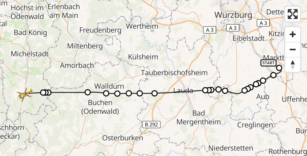Flugroute Rettungshubschrauber Marktbreit - Oberzent, 25 April 2026, 13:43