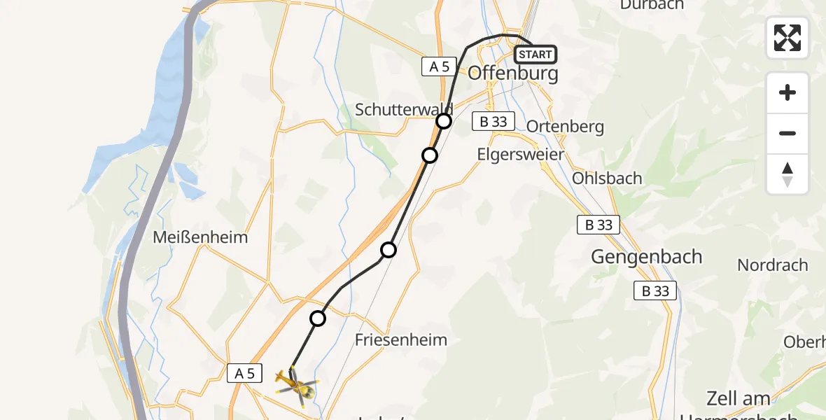 Flugroute Rettungshubschrauber Offenburg - Lahr Flughafen, 25 April 2026, 13:45