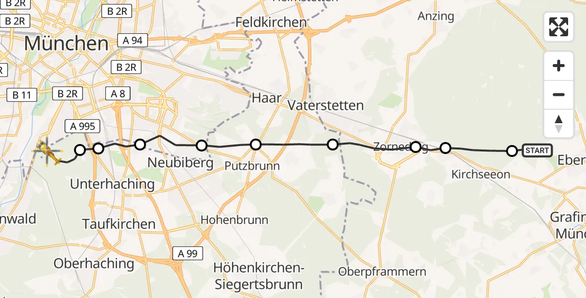 Flugroute Rettungshubschrauber Ebersberg - ADAC Air Rescue Center Hubschrauberlandeplatz (Christoph 1), 25 April 2026, 13:49