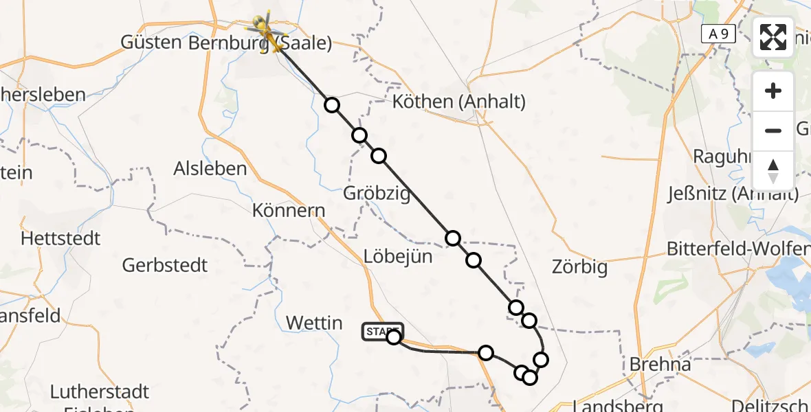 Flugroute Ambulanzhubschrauber Wettin-Löbejün - Bernburg (Saale), 25 April 2026, 13:52