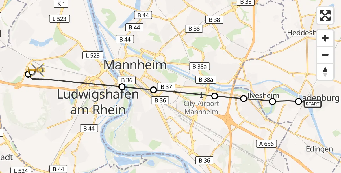 Flugroute Rettungshubschrauber Ladenburg - Ludwigshafen Accident Hospital, 25 April 2026, 13:52