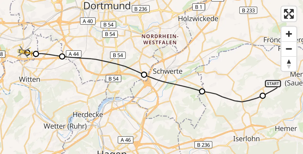 Flugroute Rettungshubschrauber Menden (Sauerland) - Bochum University Miners' Hospital, 25 April 2026, 13:55