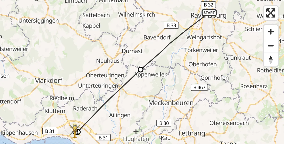 Flugroute Rettungshubschrauber Ravensburg - Friedrichshafen Hospital, 25 April 2026, 13:59