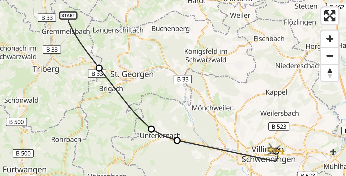 Flugroute Rettungshubschrauber Triberg im Schwarzwald - DRF Air Rescue Station Villingen-Schwenningen Hubschrauberlandeplatz (Christoph 11), 25 April 2026, 14:06