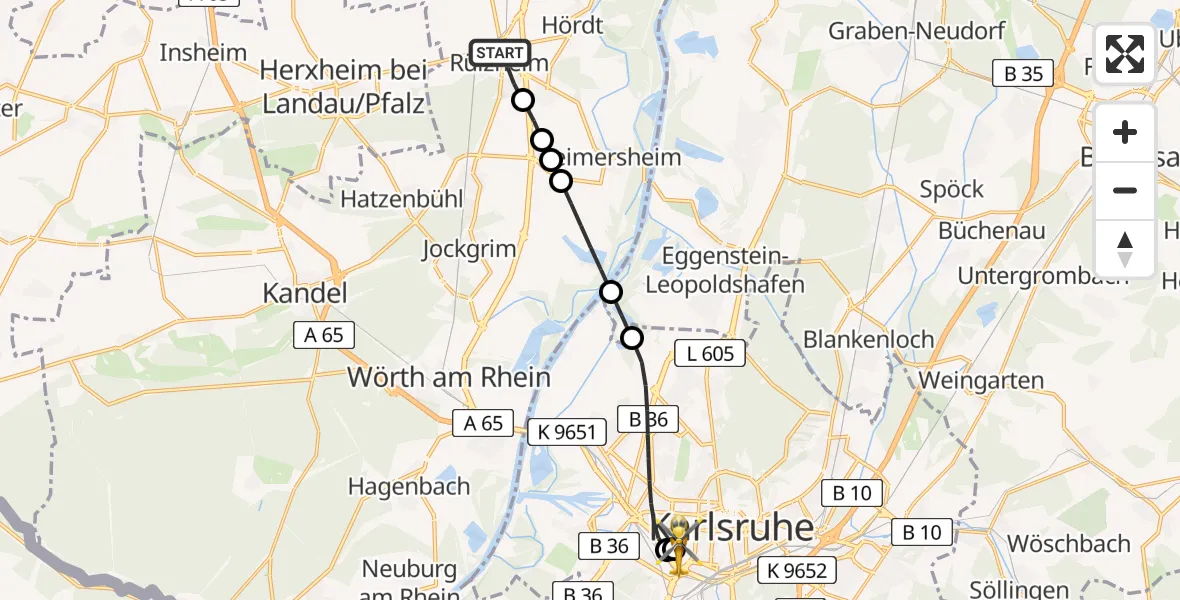 Flugroute Rettungshubschrauber Rülzheim - Sankt Vincentius Hospital, 25 April 2026, 14:14