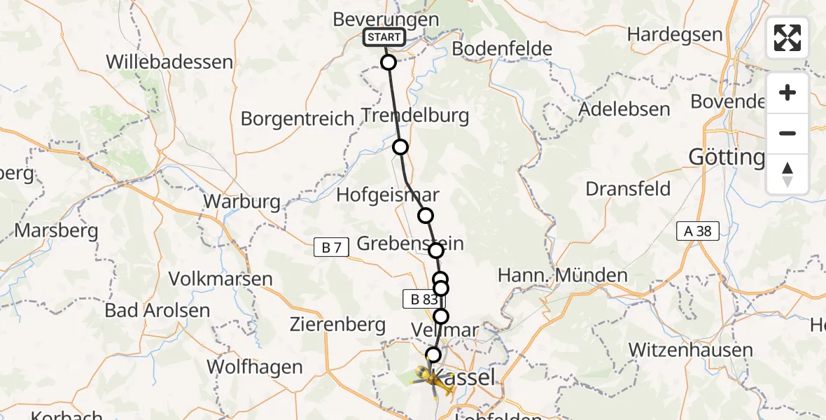 Flugroute Rettungshubschrauber Beverungen - Kassel, 25 April 2026, 14:17