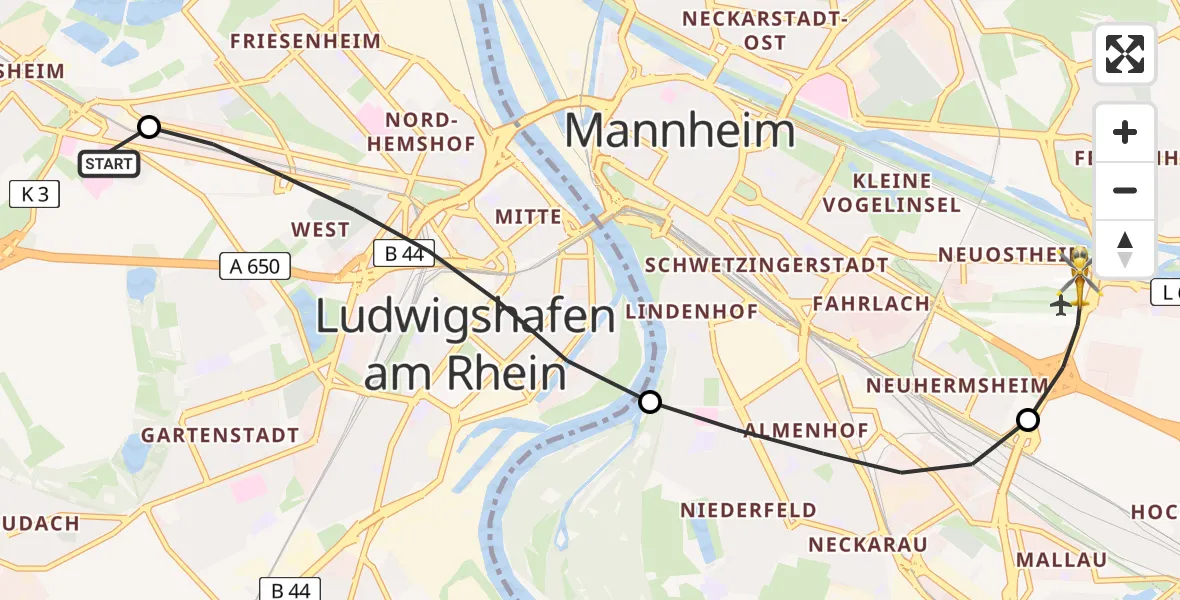 Flugroute Rettungshubschrauber Ludwigshafen Accident Hospital - Mannheim-City Flughafen, 25 April 2026, 14:17