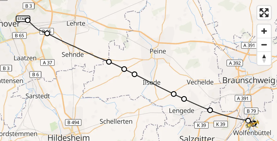 Flugroute Rettungshubschrauber Hannover Luftrettung Hubschrauberlandeplatz (Christoph 4) - Wolfenbüttel Municipal Hospital Heliport (Christoph 30), 25 April 2026, 14:22