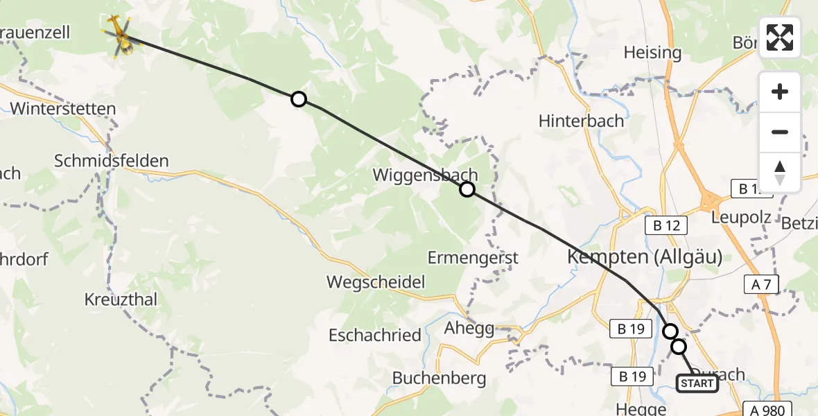 Flugroute Rettungshubschrauber Kempten-Durach Flugplatz - Altusried, 25 April 2026, 14:24