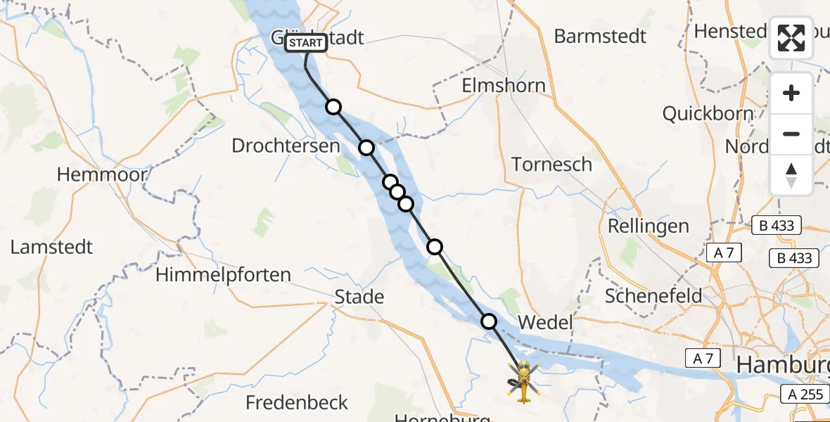 Flugroute Ambulanzhubschrauber Glückstadt - Jork, 25 April 2026, 14:35