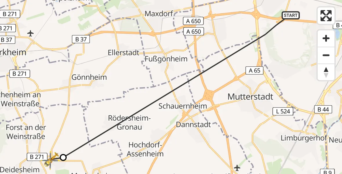 Flugroute Rettungshubschrauber Ludwigshafen am Rhein - Niederkirchen bei Deidesheim, 25 April 2026, 14:50
