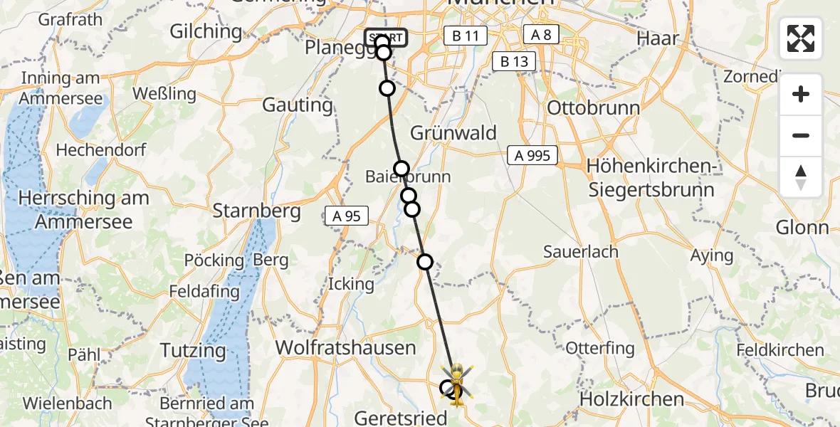 Flugroute Rettungshubschrauber DRF Air Rescue München Hubschrauberlandeplatz - Egling, 25 April 2026, 14:55