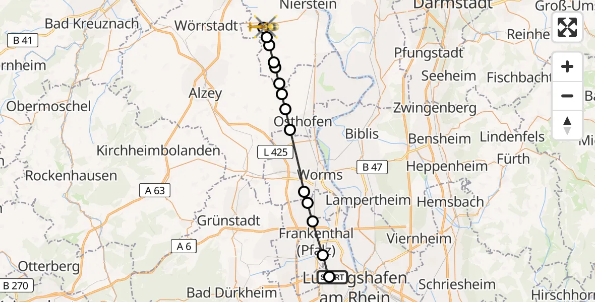Flugroute Rettungshubschrauber Ludwigshafen Accident Hospital - Undenheim, 25 April 2026, 15:03