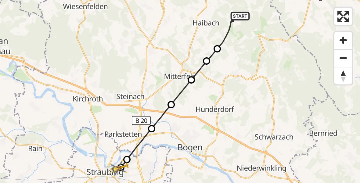 Flugroute Rettungshubschrauber Haibach - Sankt Elisabeth Hospital Straubing, 25 April 2026, 15:04