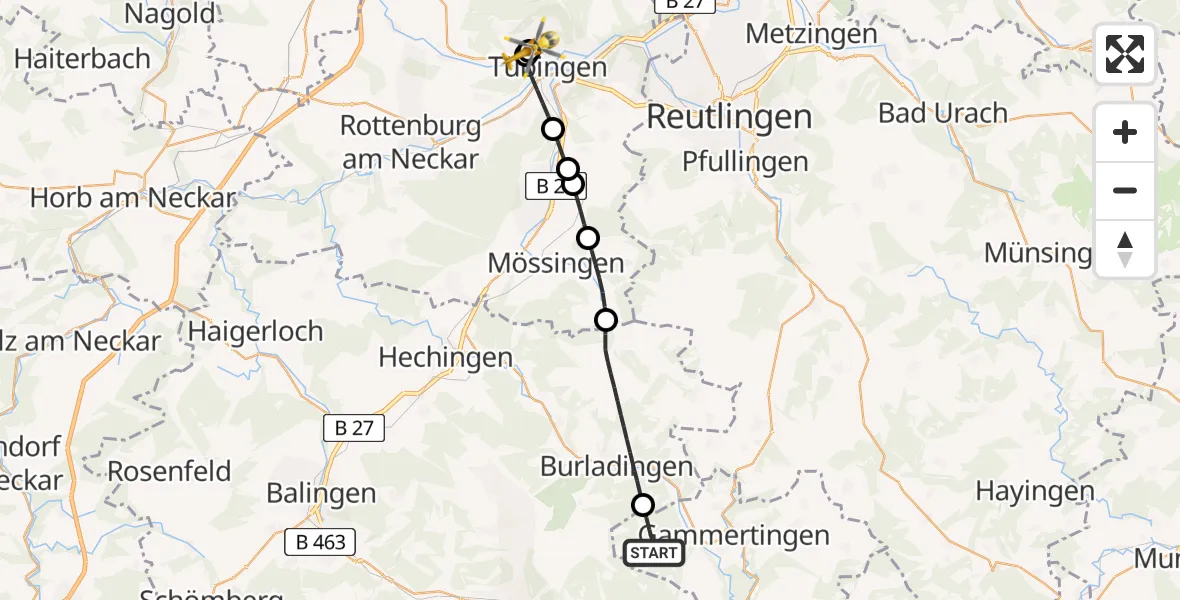 Flugroute Rettungshubschrauber Neufra - Tübingen University Hospital, 25 April 2026, 15:11