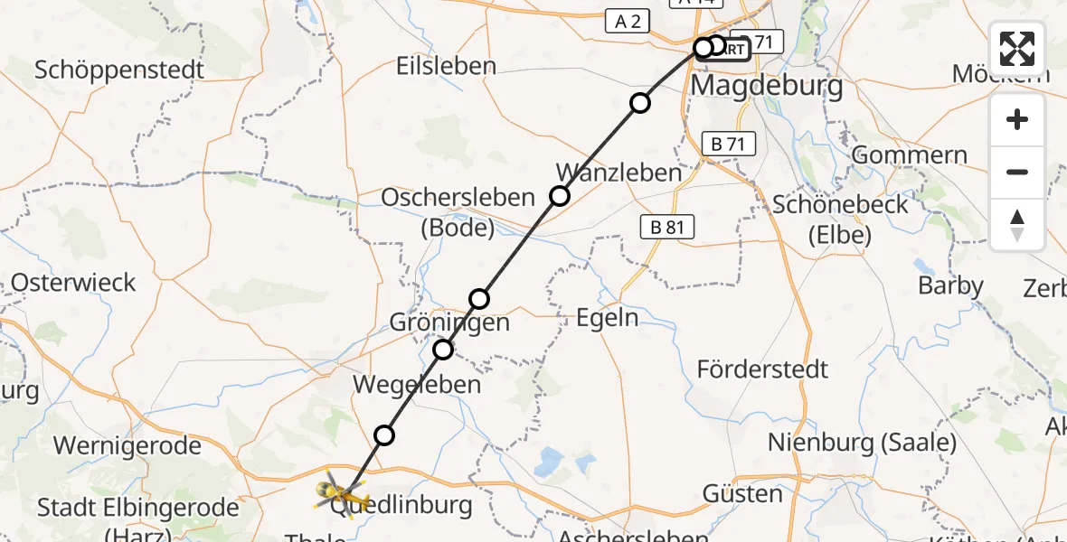 Flugroute Rettungshubschrauber Magdeburg Hospital - Quedlinburg, 25 April 2026, 15:11