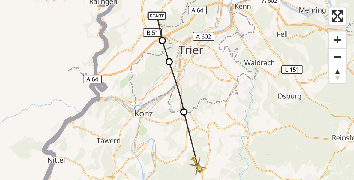Flugroute Ambulanzhubschrauber Aach - Konz, 25 April 2026, 15:12