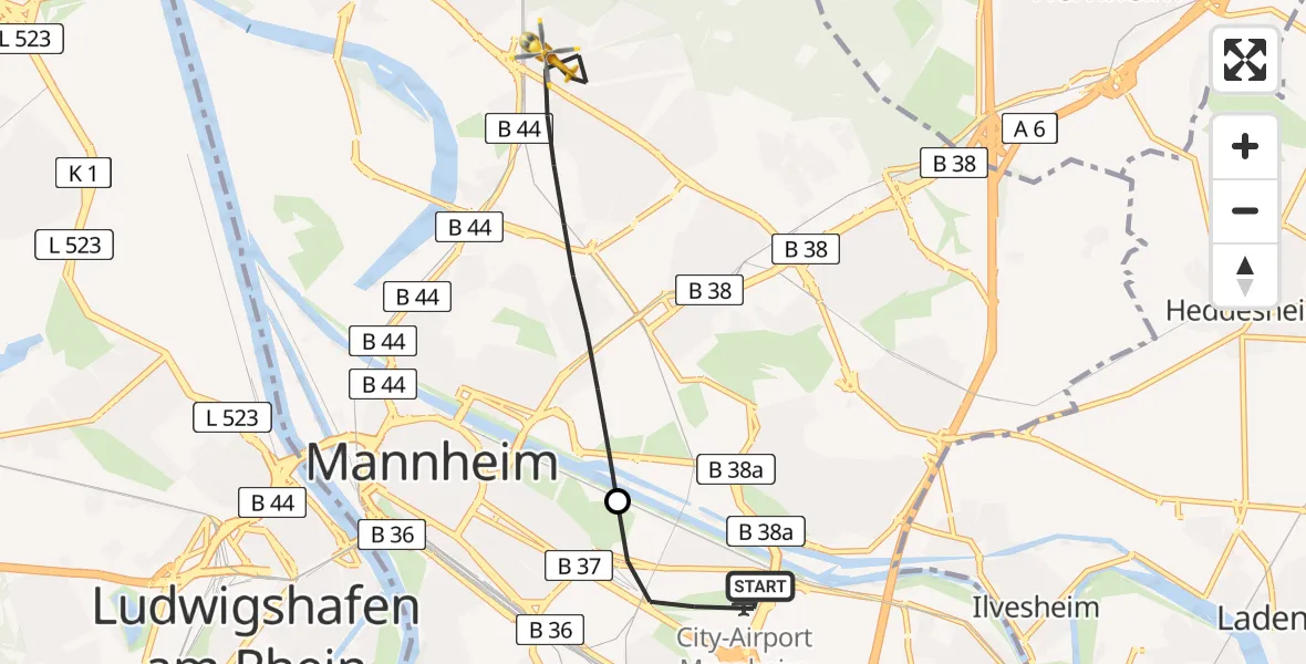 Flugroute Rettungshubschrauber Mannheim-City Flughafen - Mannheim, 25 April 2026, 15:22