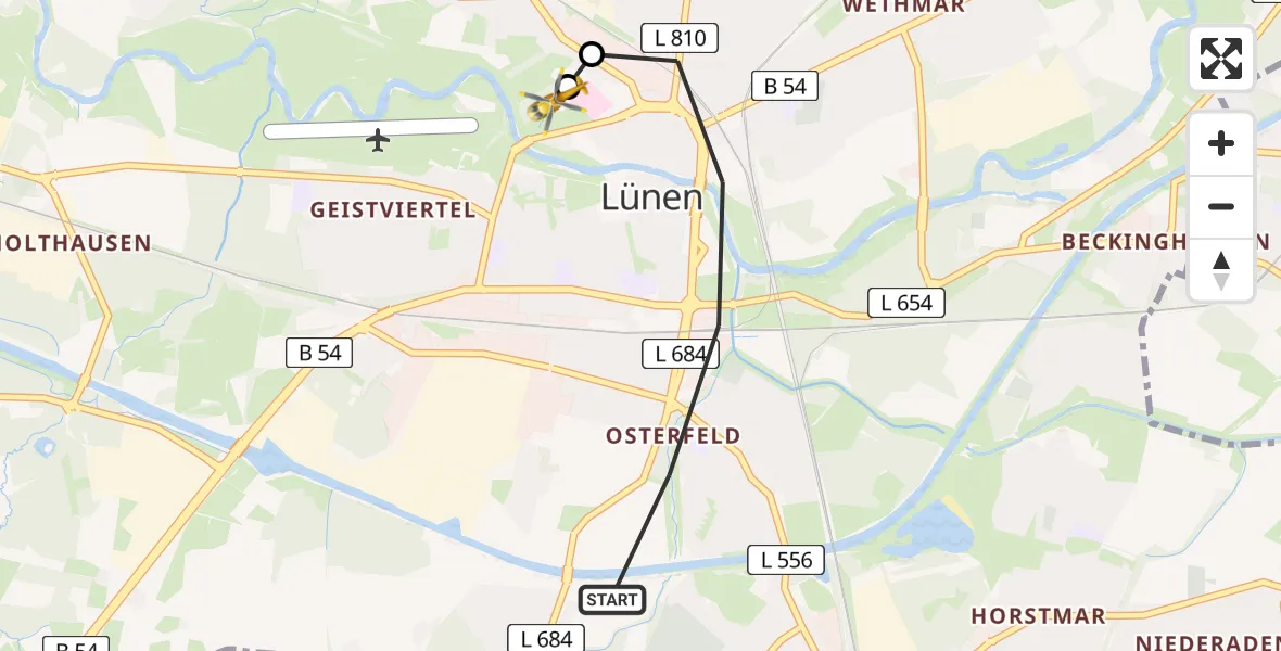 Flugroute Rettungshubschrauber Lünen - Sankt Marien Hospital, 25 April 2026, 15:26