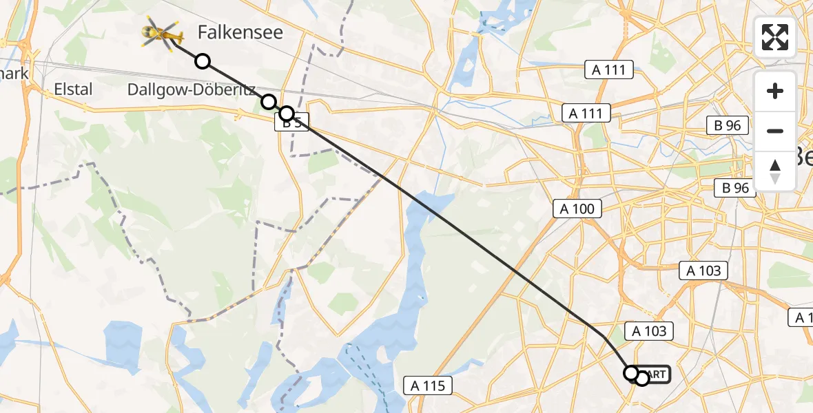 Flugroute Rettungshubschrauber Charité Clinic Benjamin Franklin Campus - Falkensee, 25 April 2026, 15:27