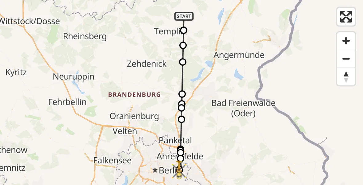 Flugroute Rettungshubschrauber Templin - Berlin Emergency Hospital, 25 April 2026, 15:30