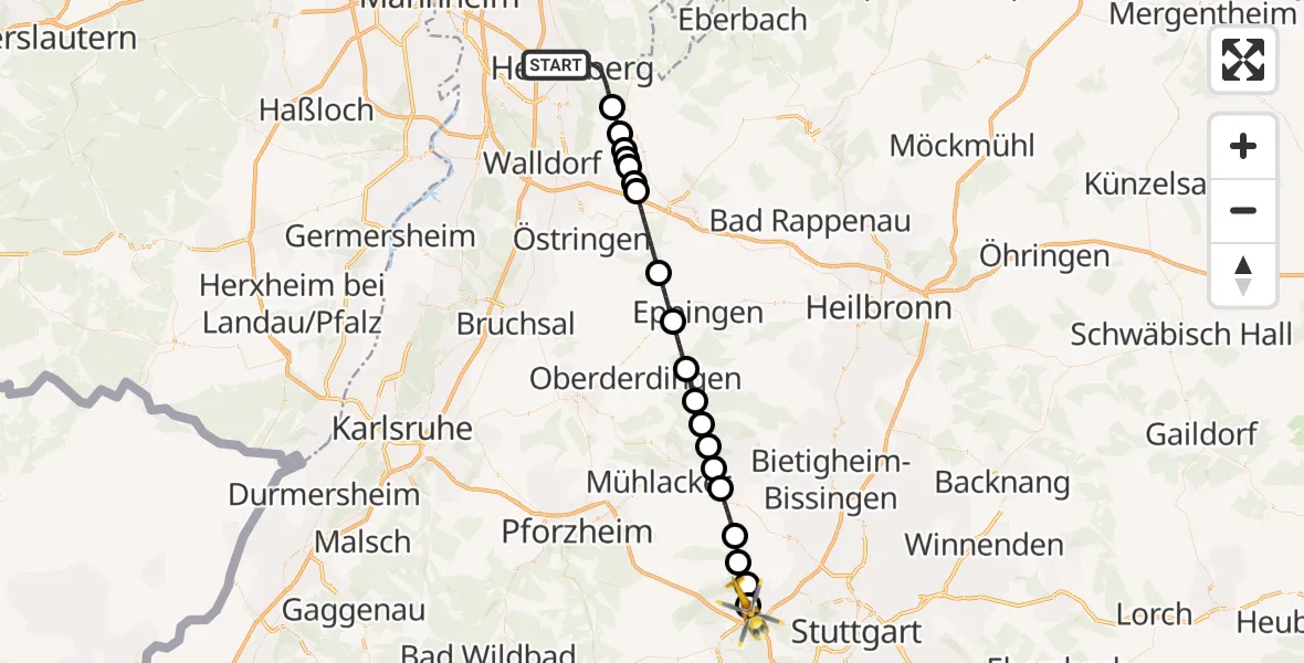 Flugroute Rettungshubschrauber Heidelberg - Leonberg Hospital Hubschrauberlandeplatz, 25 April 2026, 15:31