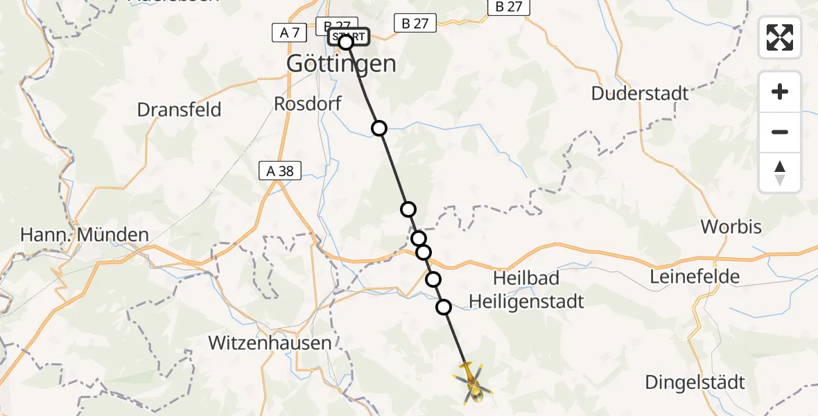 Flugroute Rettungshubschrauber Göttingen University Clinic Hubschrauberlandeplatz - Uder, 25 April 2026, 15:34