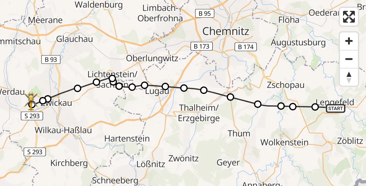 Flugroute Rettungshubschrauber Pockau-Lengefeld - ADAC Air Rescue Station Zwickau Hubschrauberlandeplatz, 25 April 2026, 15:37