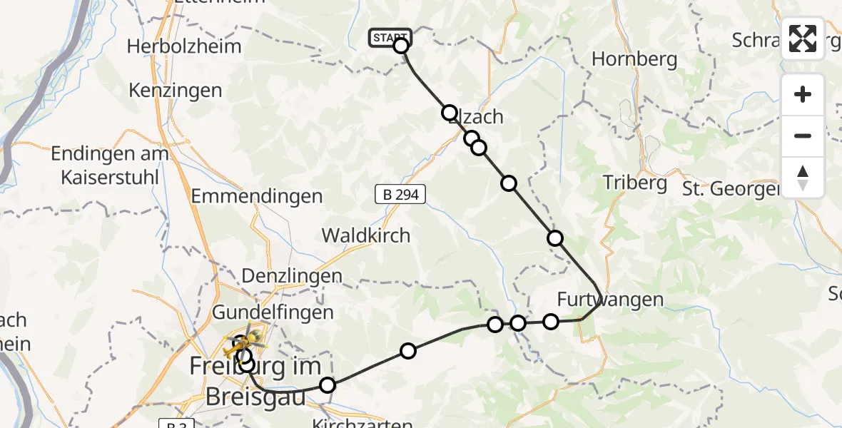 Flugroute Rettungshubschrauber Schuttertal - Freiburg im Breisgau Flugplatz, 25 April 2026, 15:38