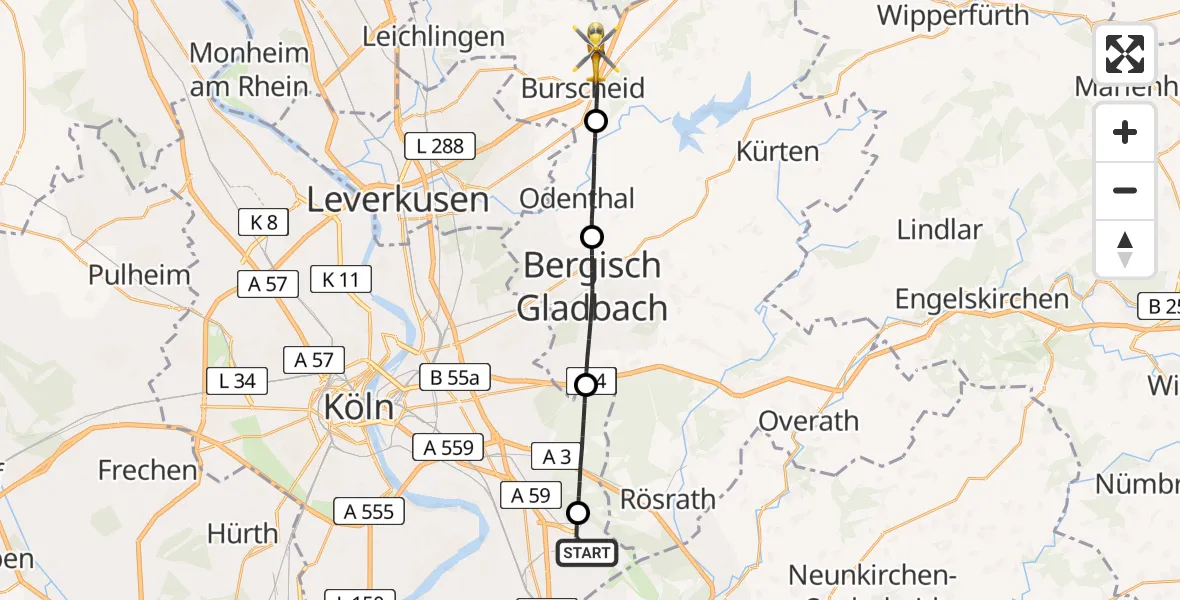 Flugroute Rettungshubschrauber Köln Bonn Flughafen - Burscheid, 25 April 2026, 15:40