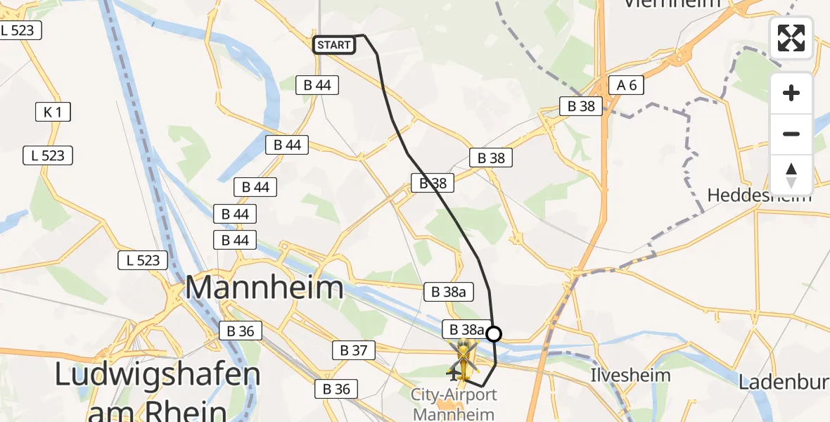Flugroute Rettungshubschrauber Mannheim - Mannheim-City Flughafen, 25 April 2026, 15:51