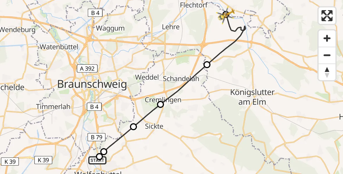 Flugroute Rettungshubschrauber Wolfenbüttel Municipal Hospital Heliport (Christoph 30) - Lehre, 25 April 2026, 15:52