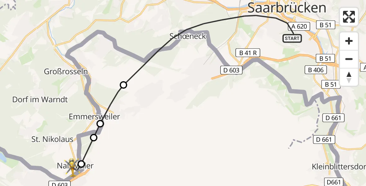 Flugroute Rettungshubschrauber Saarbrücken - Großrosseln, 25 April 2026, 16:01