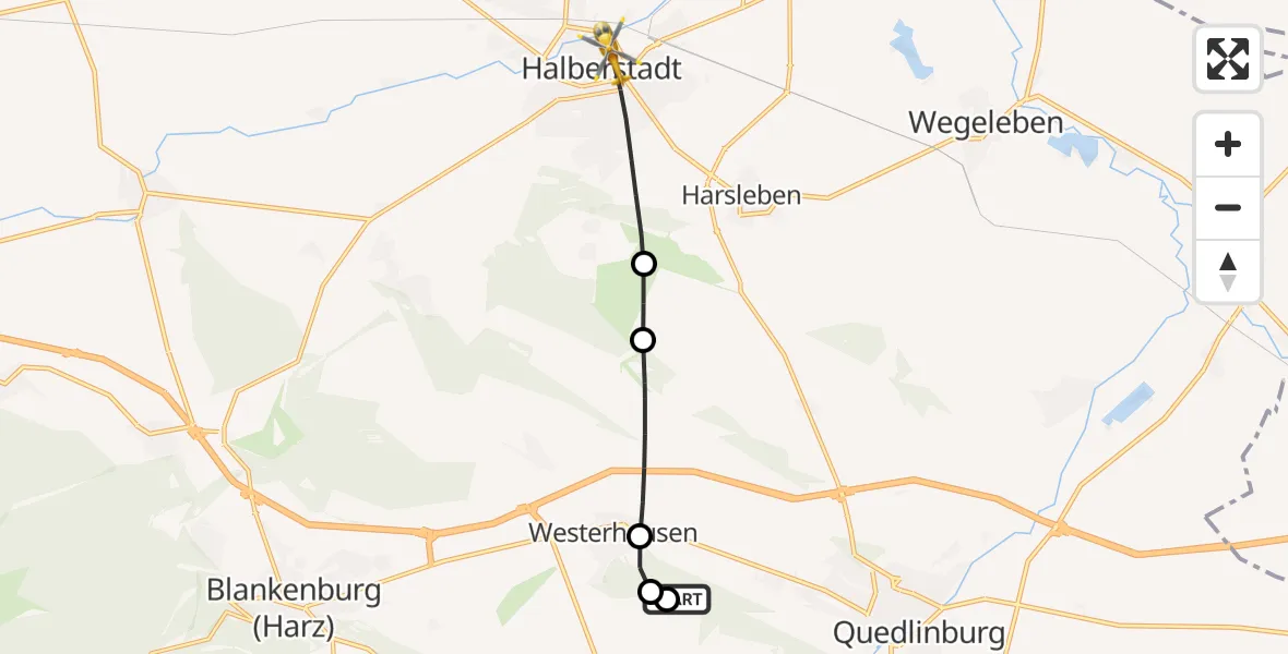 Flugroute Rettungshubschrauber Quedlinburg - AMEOS Hospital Sankt Salvator Halberstadt Hubschrauberlandeplatz, 25 April 2026, 16:03