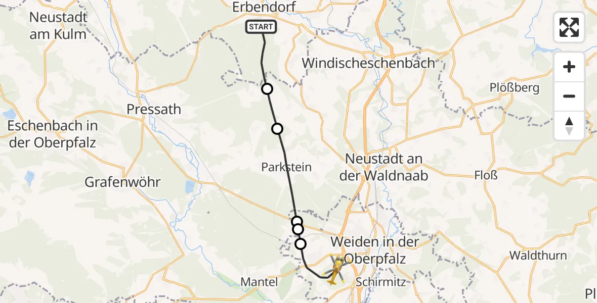 Flugroute Rettungshubschrauber Erbendorf - Weiden i.d.OPf., 25 April 2026, 16:05