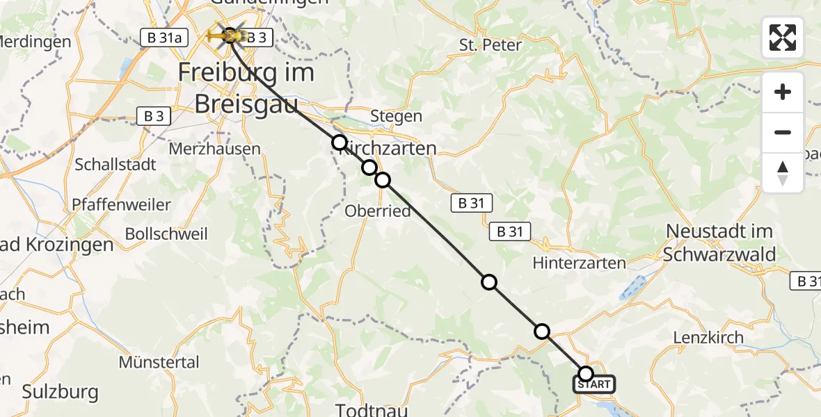 Flugroute Ambulanzhubschrauber Lenzkirch - Freiburg im Breisgau Flugplatz, 25 April 2026, 16:08