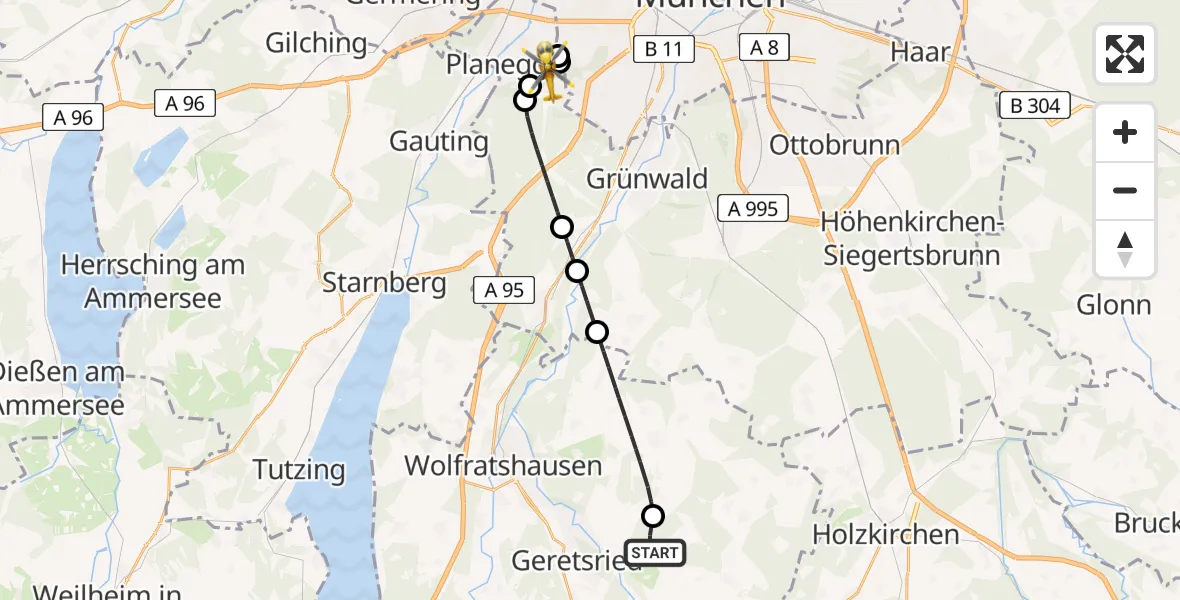 Flugroute Rettungshubschrauber Dietramszell - Planegg, 25 April 2026, 16:15