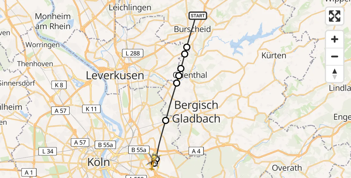 Flugroute Rettungshubschrauber Burscheid - Merheim Hospital, 25 April 2026, 16:16