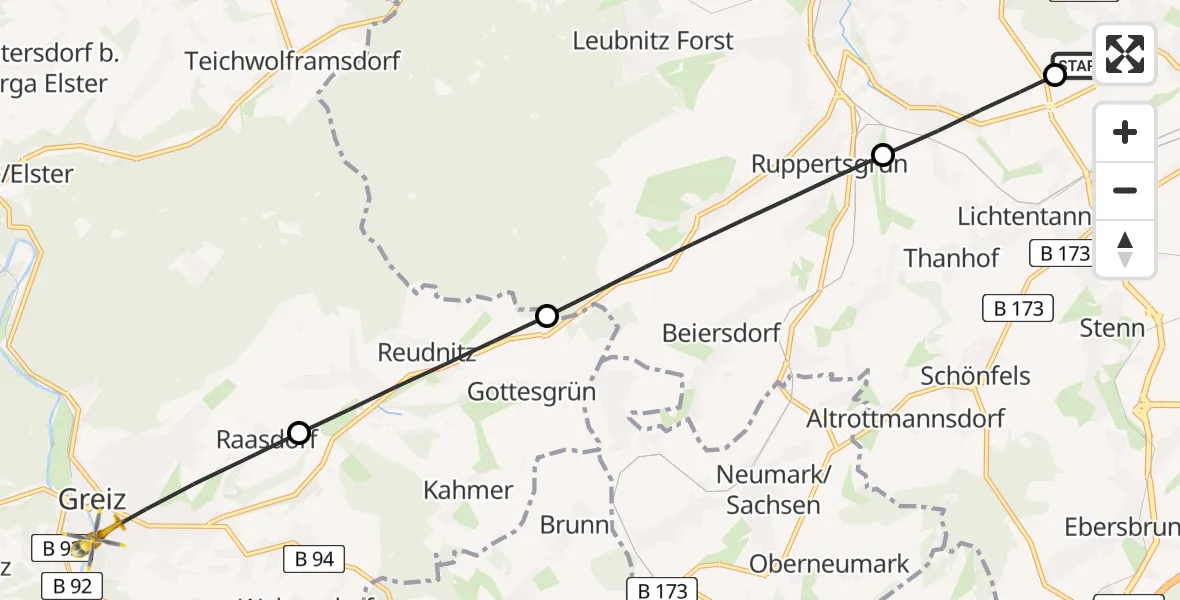 Flugroute Rettungshubschrauber ADAC Air Rescue Station Zwickau Hubschrauberlandeplatz - Greiz, 25 April 2026, 16:18