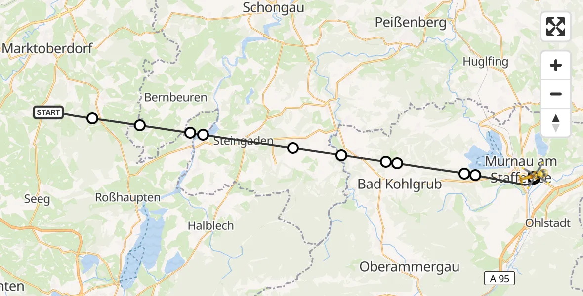 Flugroute Rettungshubschrauber Marktoberdorf - Murnau Accident Hospital, 25 April 2026, 16:28