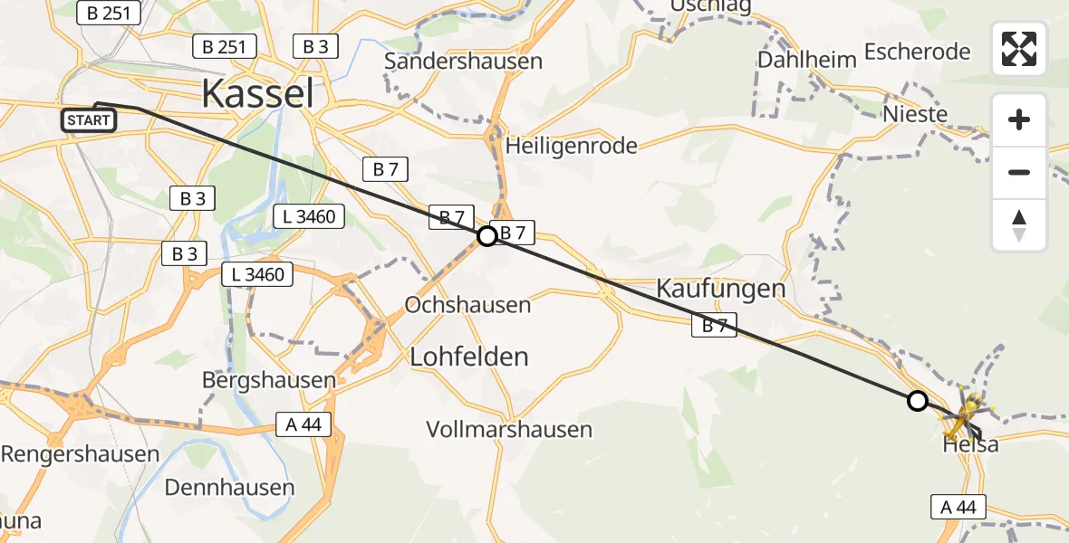 Flugroute Rettungshubschrauber Kassel - Helsa, 25 April 2026, 16:36