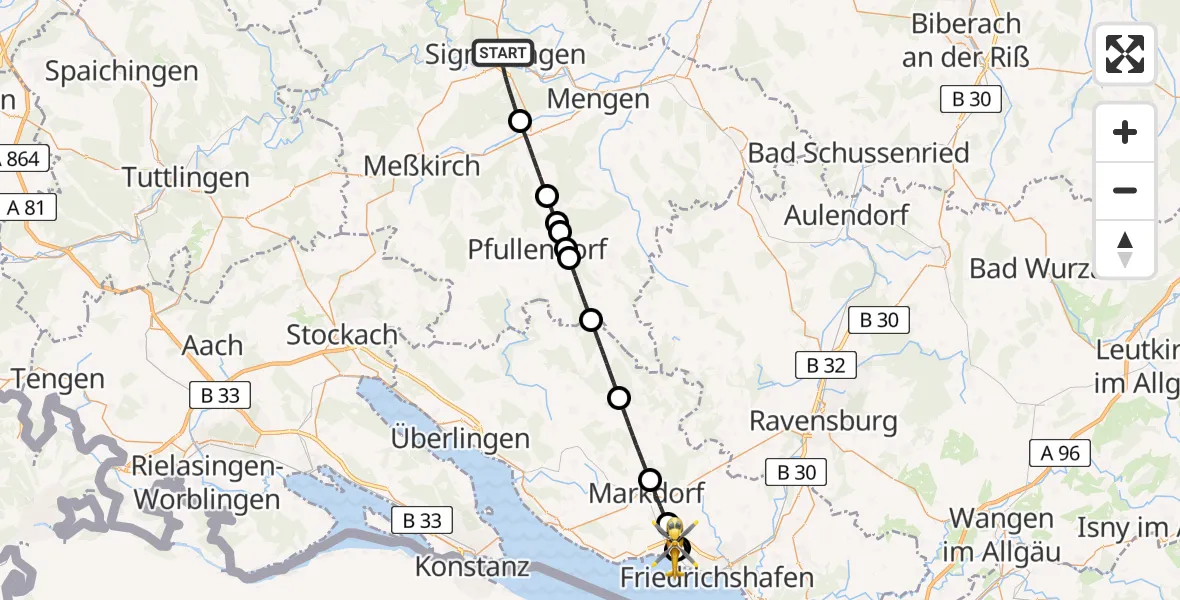 Flugroute Rettungshubschrauber Sigmaringen - Friedrichshafen Hospital, 25 April 2026, 16:44