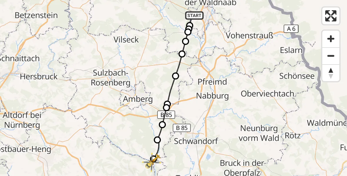 Flugroute Rettungshubschrauber Weiden i.d.OPf. - Schmidmühlen, 25 April 2026, 16:45