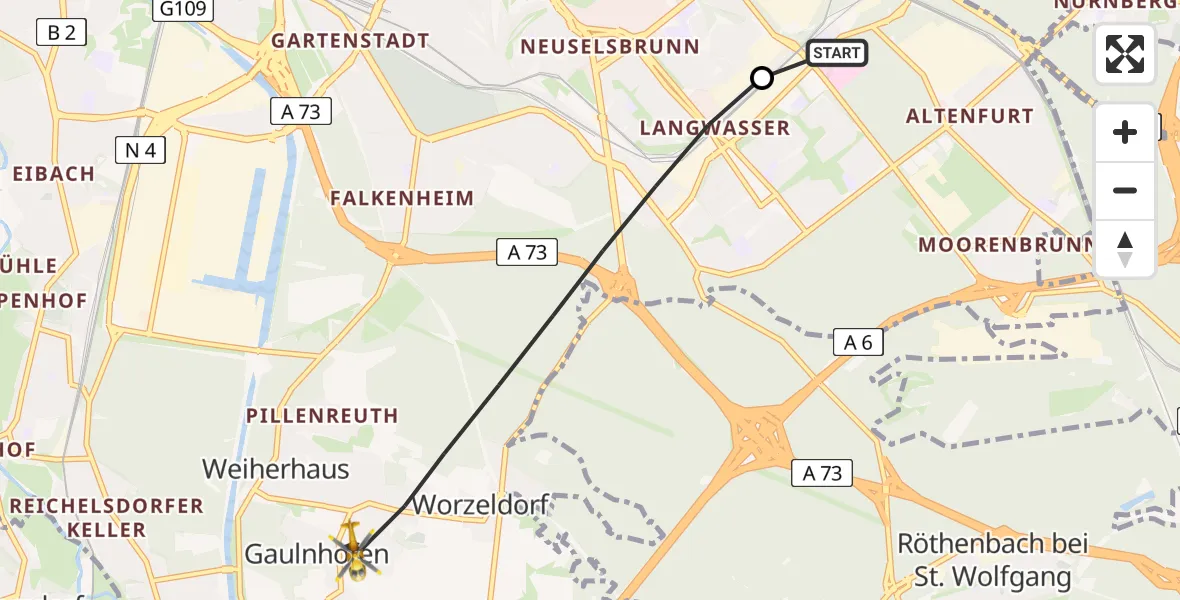 Flugroute Rettungshubschrauber Nürnberg South Hospital - Nürnberg, 25 April 2026, 16:50