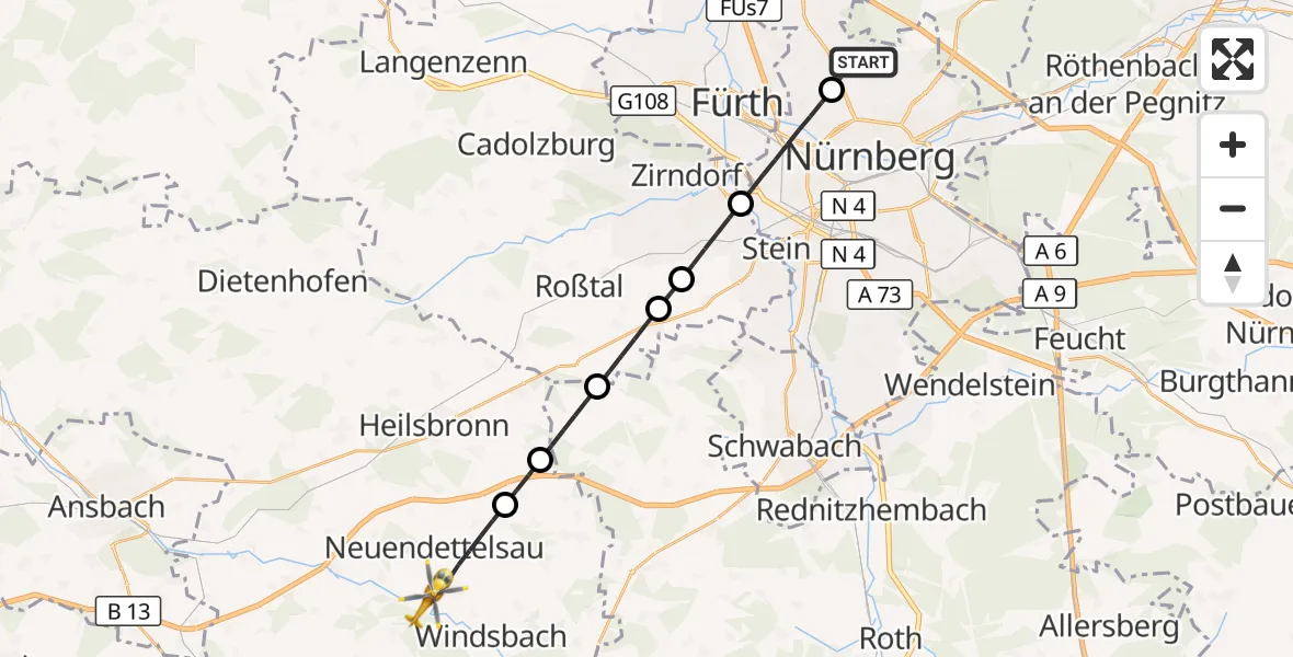 Flugroute Ambulanzhubschrauber Flughafen Nuremberg - Neuendettelsau, 25 April 2026, 16:51
